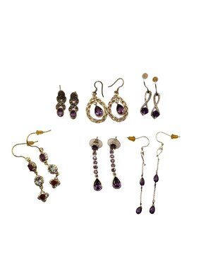 Vintage Lot Sterling Silver 925 Earrings Amethyst Semi Precious Gemstones 6 Pair